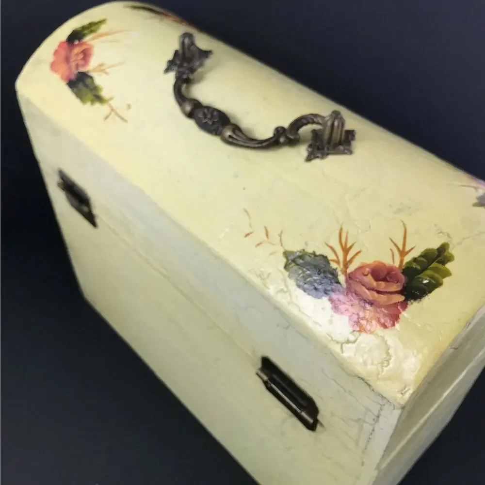 Antique-Like Small Lacquerware Box, Hand-Painted Yellow Flowers, Keepsake Chest